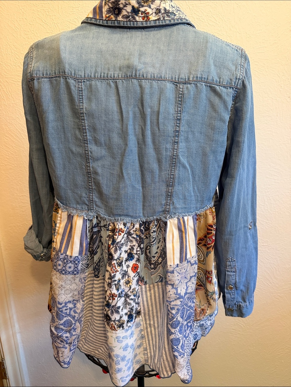 ๐๐๐BOGOHO๐๐๐John Mark Blue Denim Patchwork Button-Down Top-S - Picture 11 of 16